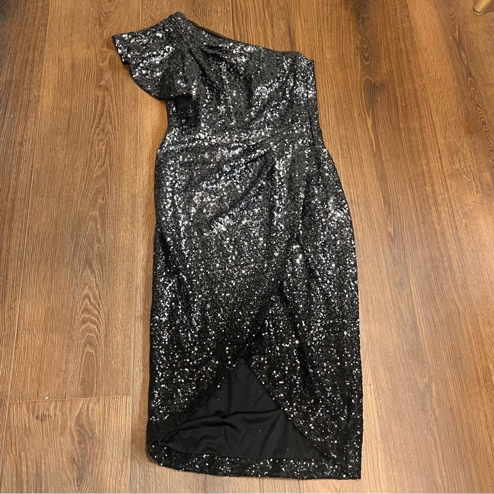 Marchesa Notte | Ombré one shoulder Sequin tulle black sheath dress Women size 6 - Picture 2 of 12